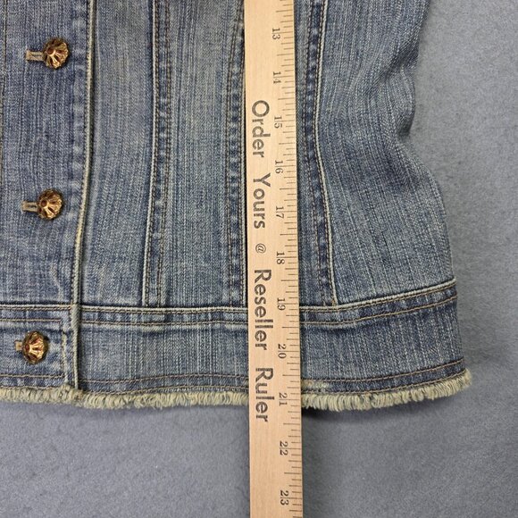 Elie Tahari Denim Jean Jacket Women Small Blue Distressed Embellished Lined Boho - Picture 11 of 13